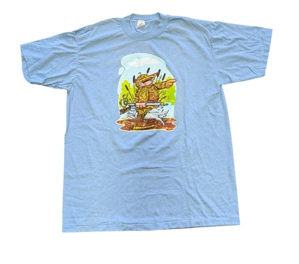Vintage 1970s Cartoon Duck Hunter T-shirt Blue Single Stitch XL Gulf Coast Z